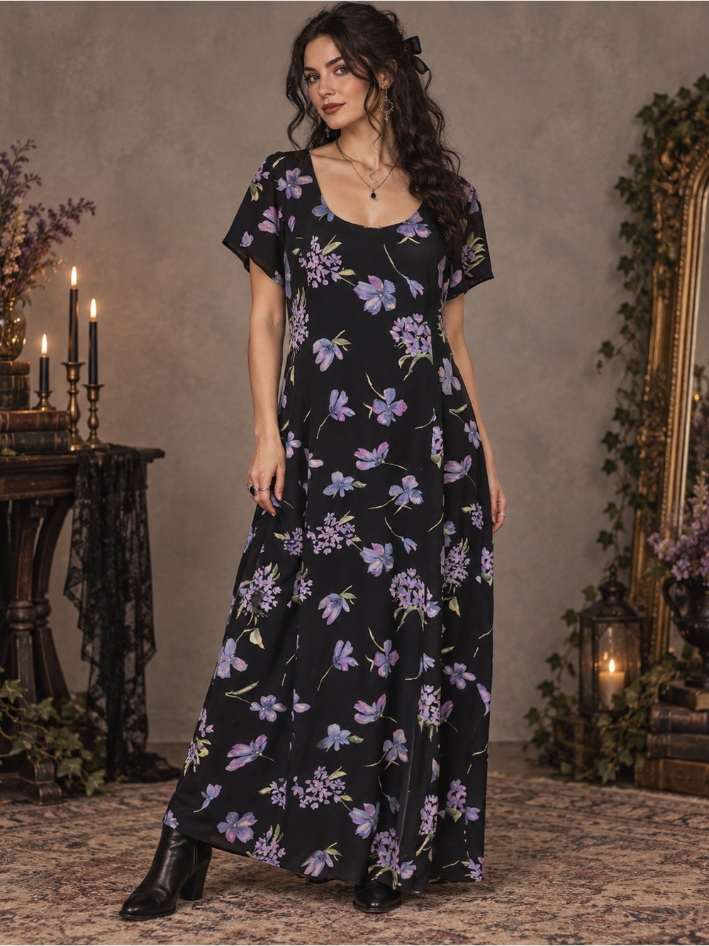Talbots Vintage Black Purple Floral Maxi Dress Size 16 Whimsigoth Cottagecore